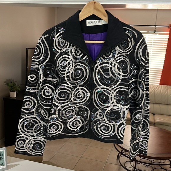Vintage ANAGE Embroidered Platinum Sequin Braided Jacket Size XS - Picture 1 of 9